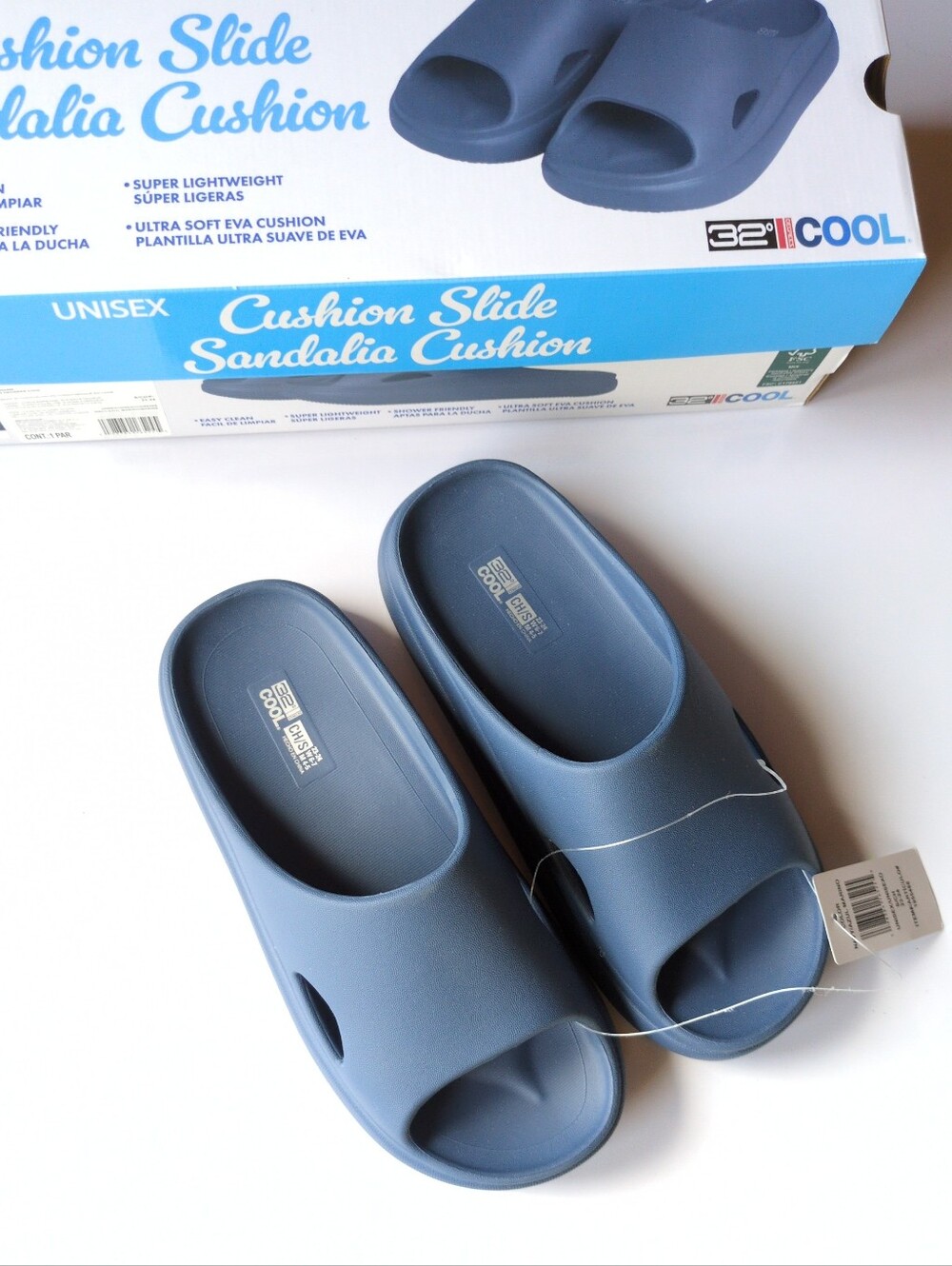 32 Degrees Cool Unisex Cushion Slides Navy women 6-7 Men 5-5 New In Box Small